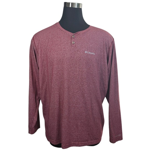 Columbia‎ Shirt Mens 2XL XXL Burgundy Omni Wick Long Sleeve 2 Button Henley - Picture 1 of 10